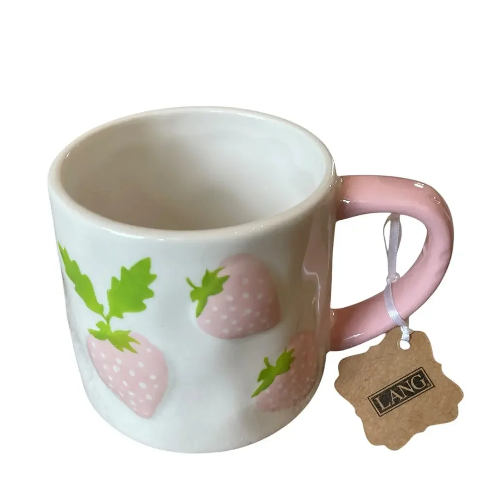 Lang Hand Painted PINK STRAWBERRY Ceramic Coffee Tea Mugs Set of 2 New
